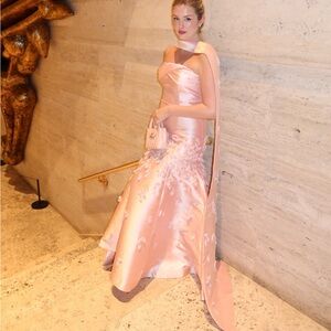 Beautiful Pink Detailed Gown with Scarf